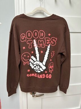 Good Times Brown Graphic Sweatshirt relaxed fit size small, skeleton hand